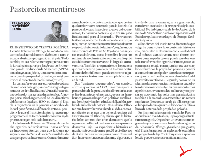 Nuestro director <a href="/fgutierrezsanin/">franciscogutierrezs</a> invita al diálogo académico, honesto y riguroso, sobre las políticas agrarias que requiere el país. El Observatorio está listo para contribuir <a href="/ICPColombia/">ICP 🇨🇴</a> <a href="/Coljuristas/">Comisión Colombiana de Juristas -CCJ-</a> <a href="/Dejusticia/">Dejusticia</a> <a href="/IEI_JaveCali/">Instituto de Estudios Interculturales</a> <a href="/RodrigoUprimny/">Rodrigo Uprimny</a> <a href="/Vertov14/">Carlos Duarte</a> <a href="/MCarvajalinoV/">Martha Carvajalino</a>