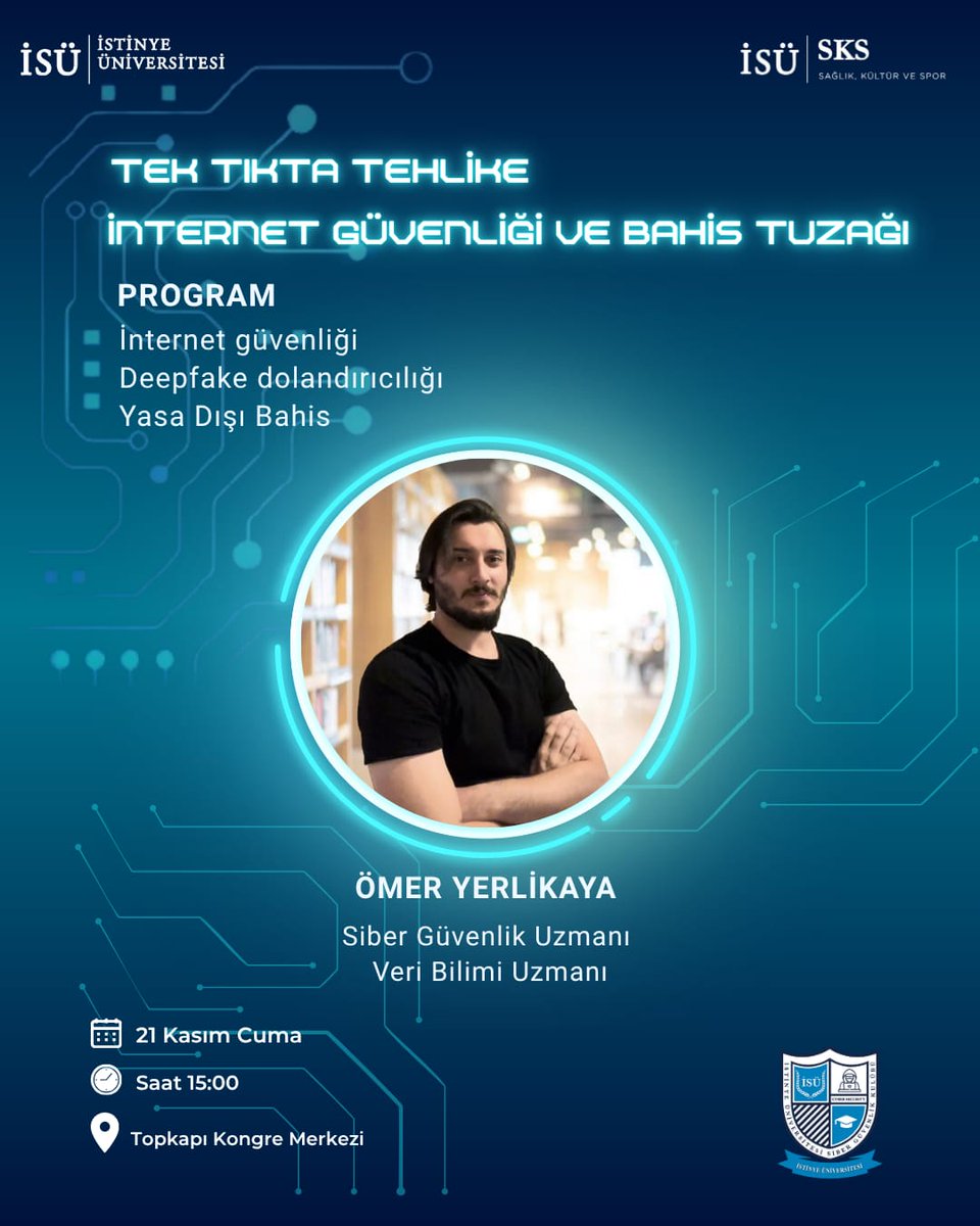 isusiber's tweet photo. İstinye Üniversitesi Siber Güvenlik Kulübü olarak, Emniyet Genel Müdürlüğü ve Siberay katkıları ile gerçekleştireceğimiz “Tek Tıkta Tehlike: İnternet Güvenliği ve Yasa Dışı Bahis” başlıklı seminerimize sizleri davet etmekten memnuniyet duyuyoruz. https://t.co/WFdFBsrno3