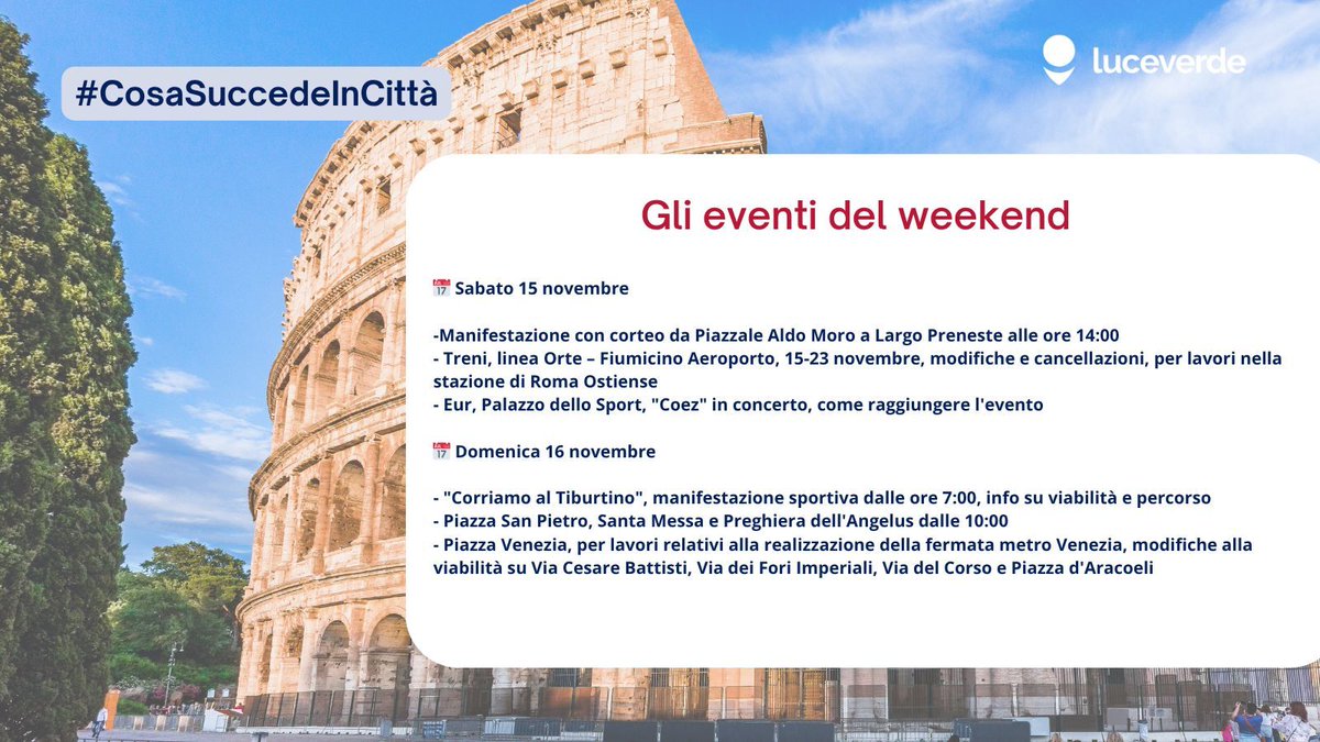 📢#Eventi | #viabilità | #Weekend 

I principali eventi del weekend nella città di#Roma 

ℹ Qui tutti i dettagli 
👉 buff.ly/wgTOYvt 

#Luceverde