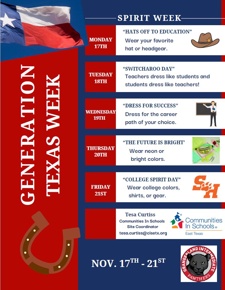 It’s Generation Texas Week, and we’re ready to celebrate our students’ goals, dreams, and bright futures! 🎓✨
Each day brings new dress-up themes, activities, and chances to learn more about college and career pathways.