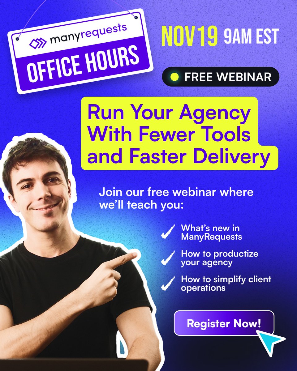 ManyRequests's tweet image. Most agencies hit a ceiling, not because they can’t sell,
but because their operations can’t keep up.

In our free Office Hours webinar on Nov 19, we’re sharing the exact frameworks creative teams use to:
✨ Streamline client work
✨ Reduce back and forth
✨ Improve turnaround…