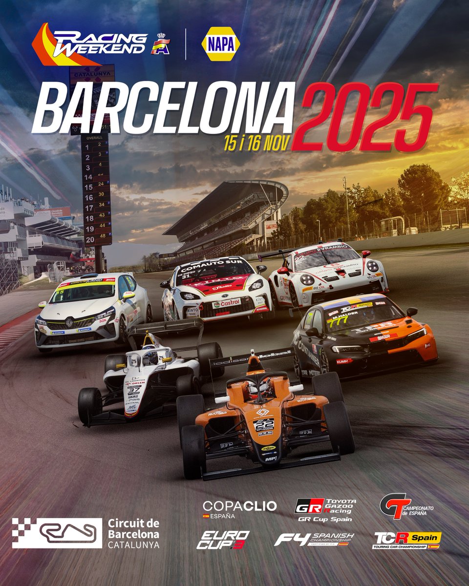 Tot a punt al Circuit per un cap de setmana 𝐫𝐚𝐜𝐢𝐧𝐠 de veritat! 11 curses a l'esprint i 1 de resistència! 🤗
T'esperem al #NAPARacingWeekend!!

ℹ️🎟️ circuitcat.com/ca/esdevenimen…
🏟️ Accés per Porta 7, parking gratuït a l'H1.

#GTCET #F4Spain #Eurocup3 #TCRSpain #GRCupSpain