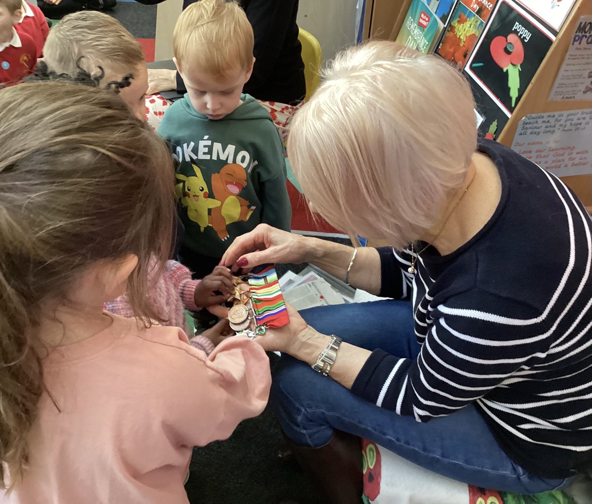 The Hungry Caterpillars and Shining Stars listened to a talk by one of our Tankersley school family members about her father’s very special war medals and photographs. We would like to thank her for developing and enhancing our learning about Remembrance Day.