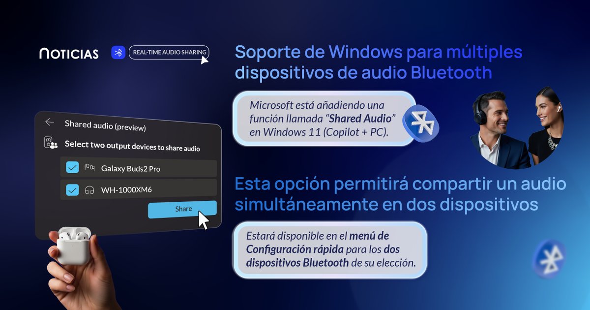 conredsis's tweet image. #NoticiasConredsis | 🎧✨ ¡Comparta el sonido! Windows 11 estrena función: Bluetooth para reproducir audio en dos dispositivos al mismo tiempo.

Ideal para ver series, trabajar en equipo o disfrutar música con quien quiera.

#sharedaudio #windows11 #bluetoothdual #headphones