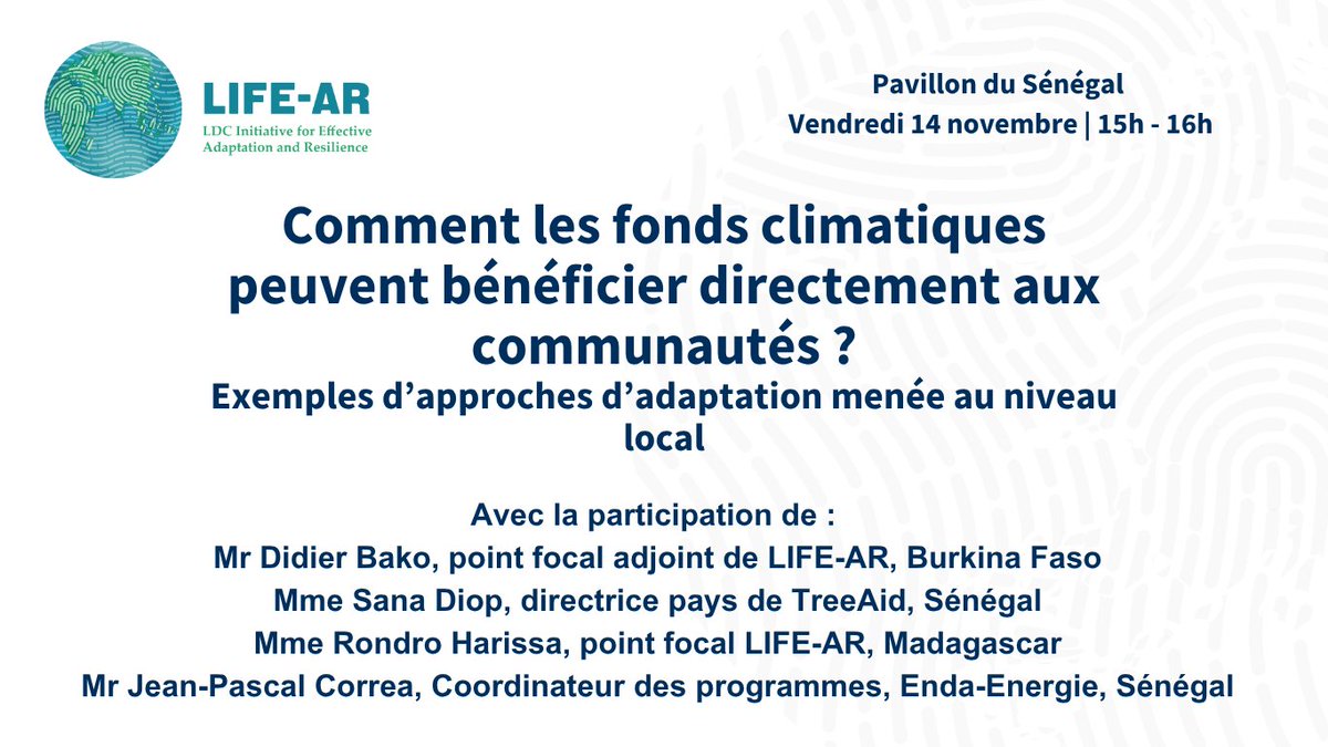 Notre événement consacré à l'adaptation menée au niveau local va bientôt commencer. Rejoignez-nous dès à présent au pavillon du Sénégal !