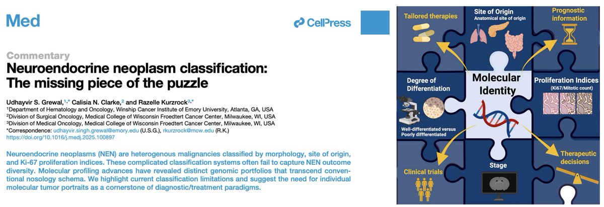 UGrewalMD's tweet image. Very excited to see this in print. Our latest commentary highlighting the &quot;missing piece of the puzzle&quot; in neuroendocrine neoplasm classification, published in Med @CellPressNews . NENs are classified based on morphology, site of origin, and Ki-67 proliferation indices. These…