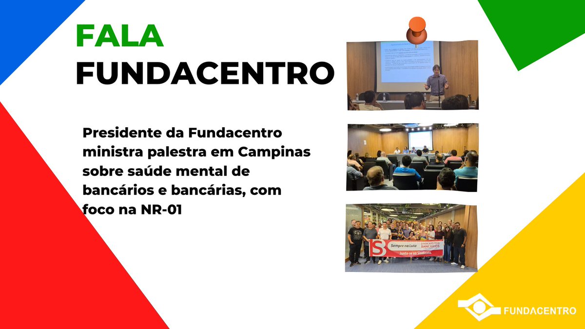 Fundacentro_of's tweet image. Presidente da #Fundacentro, Pedro Tourinho, ministra uma palestra sobre saúde e segurança no trabalho, com foco especial nas mudanças previstas na NR-01, que tratam dos #riscos #psicossociais no ambiente laboral, no Sindicato dos #Bancários de #Campinas e Região, no dia 12/11.