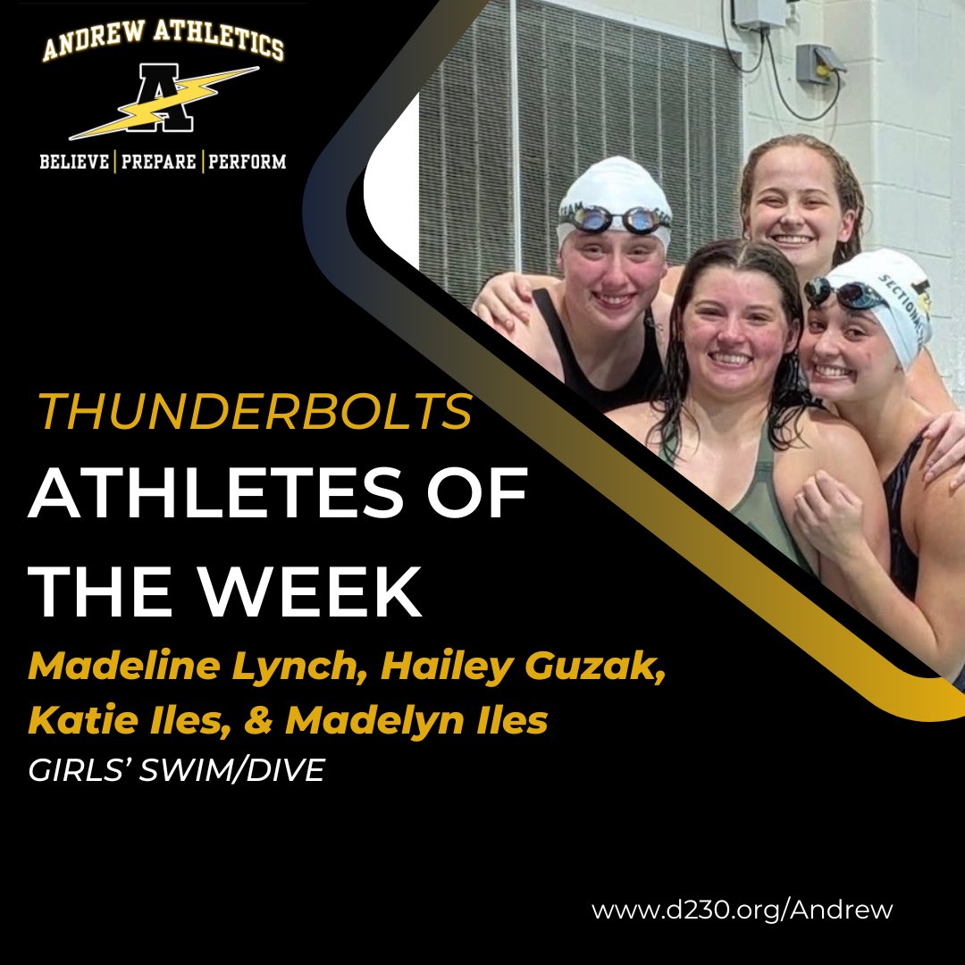 vjabolts's tweet photo. The Andrew Athletes of the Week are Madeline Lynch, Hailey Guzak, Katie Iles and Madelyn Iles from @swim_andrew 

At the IHSA Sectional last weekend, these ladies established a new school record in the 200 Medley Relay with a time of 1:51.51

Congratulations on the new record!! https://t.co/PGkJc2f0EL