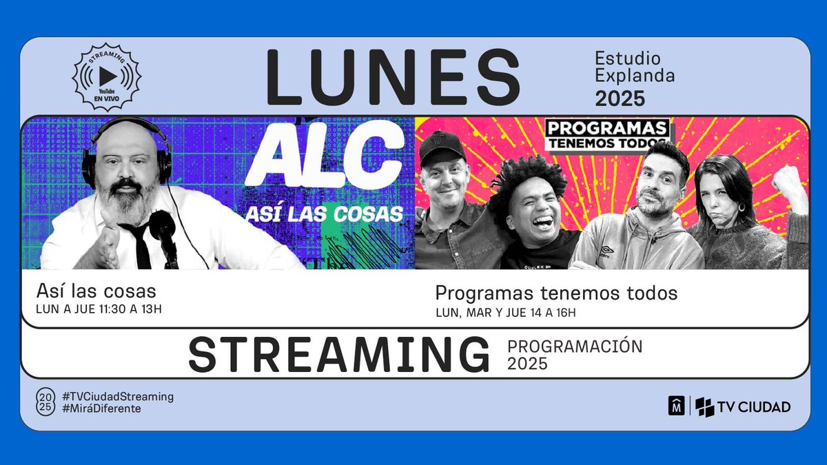 TVCIUDADuy's tweet photo. Lunes 💪🏽
Hoy en #TVCiudad
🐣 7 y 16:30h #PaseoAnimado
📰 8, 13 y 18:30h #MVDNoticias • En vivo
🧉 9h #CiudadViva • En vivo
🎧 11:30h #AsiLasCosas • Streaming
🎧 14h #Programastenemostodos • Streaming
🌆 17:30h #MiraMontevideo
🧐 20h #LadoB • En Vivo
🚌 21h #DeidayVuelta • En Vivo
⚽️ 22h #DelFutbolsehablaasi • Estreno
📹 23h #CorreCámara
Seguí @TVCIUDADuy 📺#MiráDiferente
