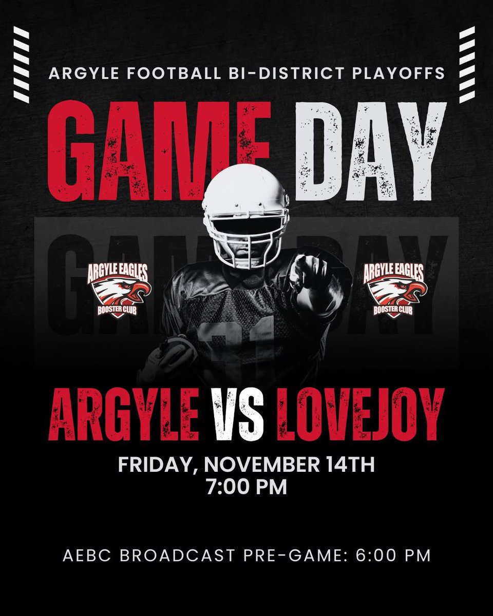 ArgyleSports's tweet image. One last night under the lights at Eagle Stadium. Let’s send it off the right way... LOUD, PROUD, and FULL of EAGLES. ❤️🦅

🏈 CLASS 5A DIVISION II BI-DISTRICT PLAYOFFS
🆚 Lovejoy
📅 Friday, Nov. 14 | 7 PM
🔗 meridix.com/event/271129

#ArgyleEagles #AEBC #EagleStadiumFinale