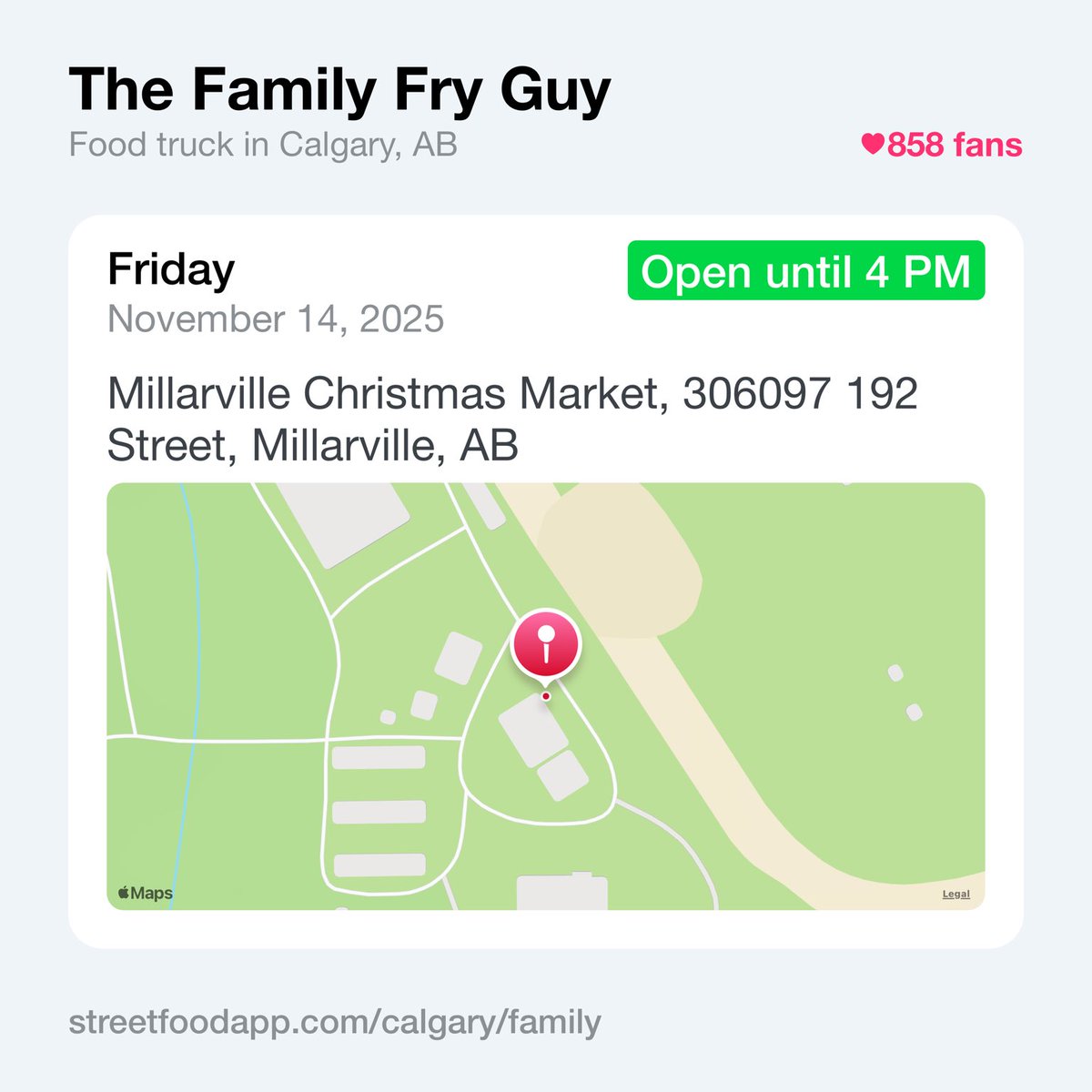 We're open November 14 - 16 from 9 AM - 4 PM at Millarville Christmas Market, 306097 192 Street, Millarville, AB. Come out and enjoy some delicious poutine! ⁦<a href="/VisitMRAS/">Millarville Race & Agricultural Society</a>⁩

streetfoodapp.com/calgary/family