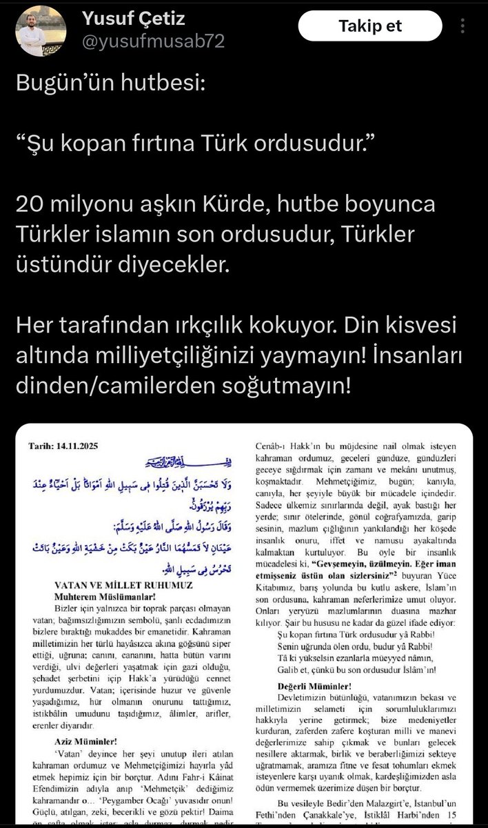 Üzerine milyon cümle kuruldu
Sözü yormaya vakit de yok

Aklı başında
Yani kalbi İslam hilalinde olan her adem de bilir 

Sırp Karadziç de Netanyahu da 
Eski zamanların İtalyan köylüsü de ..

Türk, binlerce yıldır, yeryüzünün her yerinde, 
Müslümanın adı, mührü, çatısı, nişânıdır