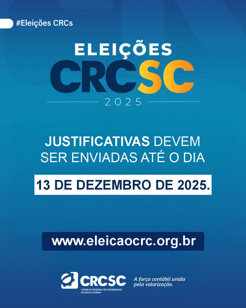 CRCSCOFICIAL's tweet image. Justificativa Eleições CRCs 2025

Profissionais da contabilidade que não participaram da votação das Eleições do CRCSC têm até o dia 13 de dezembro para enviarem justificativa, por meio sistema de votação: eleicaocrc.org.br/voter?intent=j…