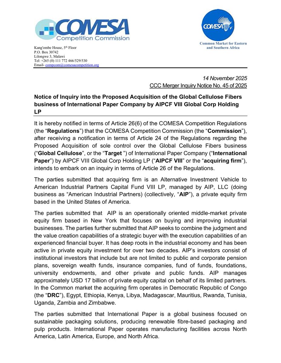 CCC_COMESA's tweet image. #callforsubmissions by #4December2025 #pulpproduction #fibrebasedpackaging #sustainablepackagingsolutions

#CCC has published a #NoticeofInquiry into the Proposed Acquisition of the Global Cellulose Fibers business of International Paper Company by AIPCF VIII Global Corp Holding…