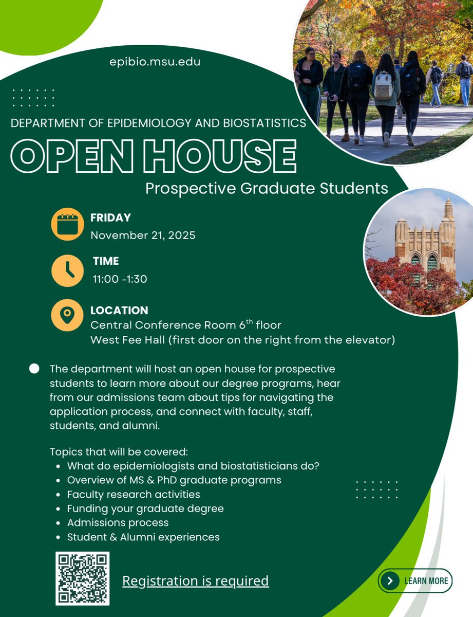 Thinking about grad school? Join our Department Open House 🏠!
 
•Explore🗺️ our programs
•Get admissions tips 🎟️
•Meet faculty👨‍🏫, students 👩‍💻&amp; alumni🧑‍🎓 
 
Know someone who might be interested? Tag or share!
#OpenHouse #GradSchoolJourney #FutureStudents
<a href="/michiganstateu/">MSU</a>