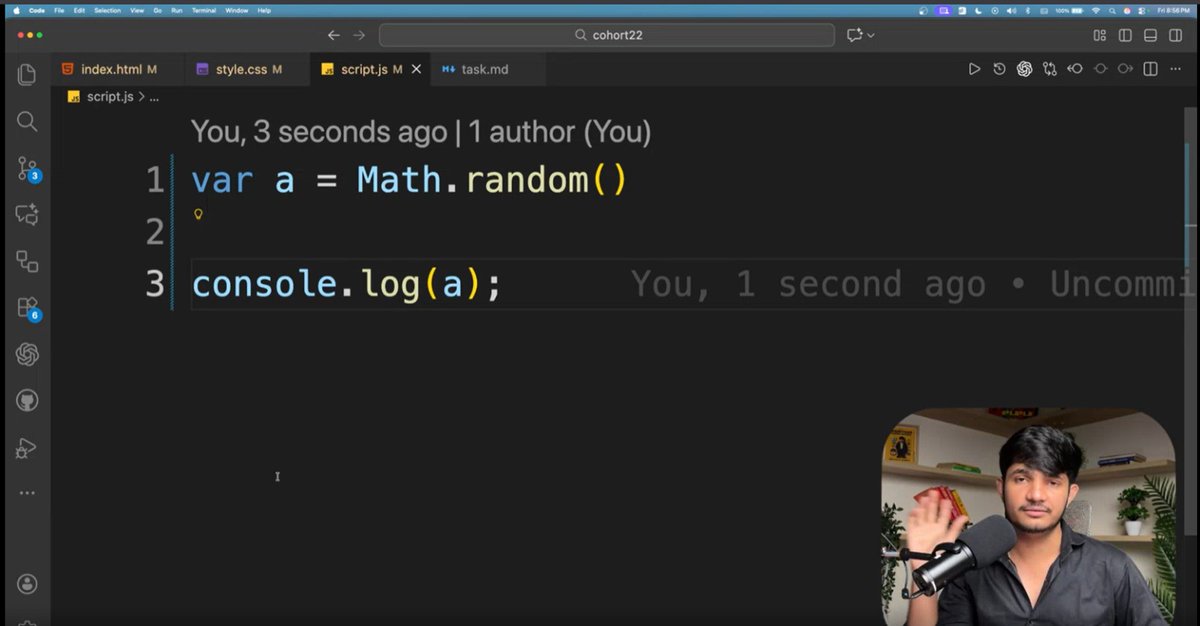 sahilrex2255's tweet image. Day-34 @sarthacksharma
Building logic in JavaScript step by step.
Random numbers, real concepts, strong fundamentals 🔥
Progress Check 📍
Math.random() → Generates a value
Math.floor() → Makes it whole
Together → Powerful logic 💪
#Day34 #CodingProgress #TechJourney