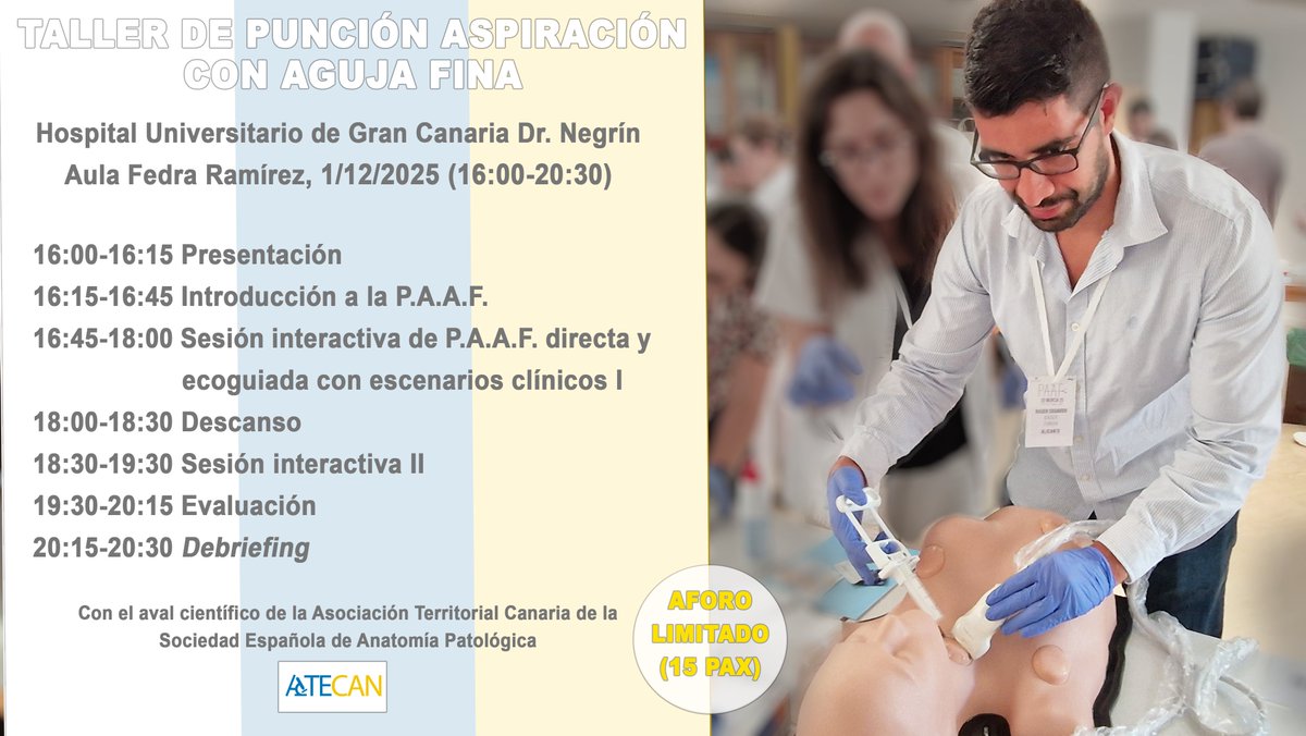 edusqo's tweet image. Taller de Punción Aspiración con Aguja Fina. Hospital Universitario Dr. Negrín, Las Palmas de Gran Canaria, Islas Canarias 🏝 @SanidadGobCan
#MedEd para preservar la seguridad de los pacientes
#SegPac #SimulaciónClínica #PAAF #AnatomíaPatológica @SEAP_IAP #Citología @SECitologia