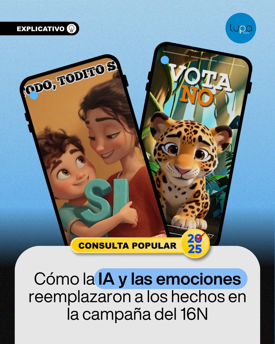 🔍 #LupaTeExplica | ❤️😱En redes sociales, la campaña electoral se centró en apelar a emociones: miedo, indignación, esperanza y heroísmo, usando imágenes generadas por IA, manipulando figuras públicas, entre otras opciones. 

🗓️ Entre el 1 y el 12 de noviembre, Lupa Media