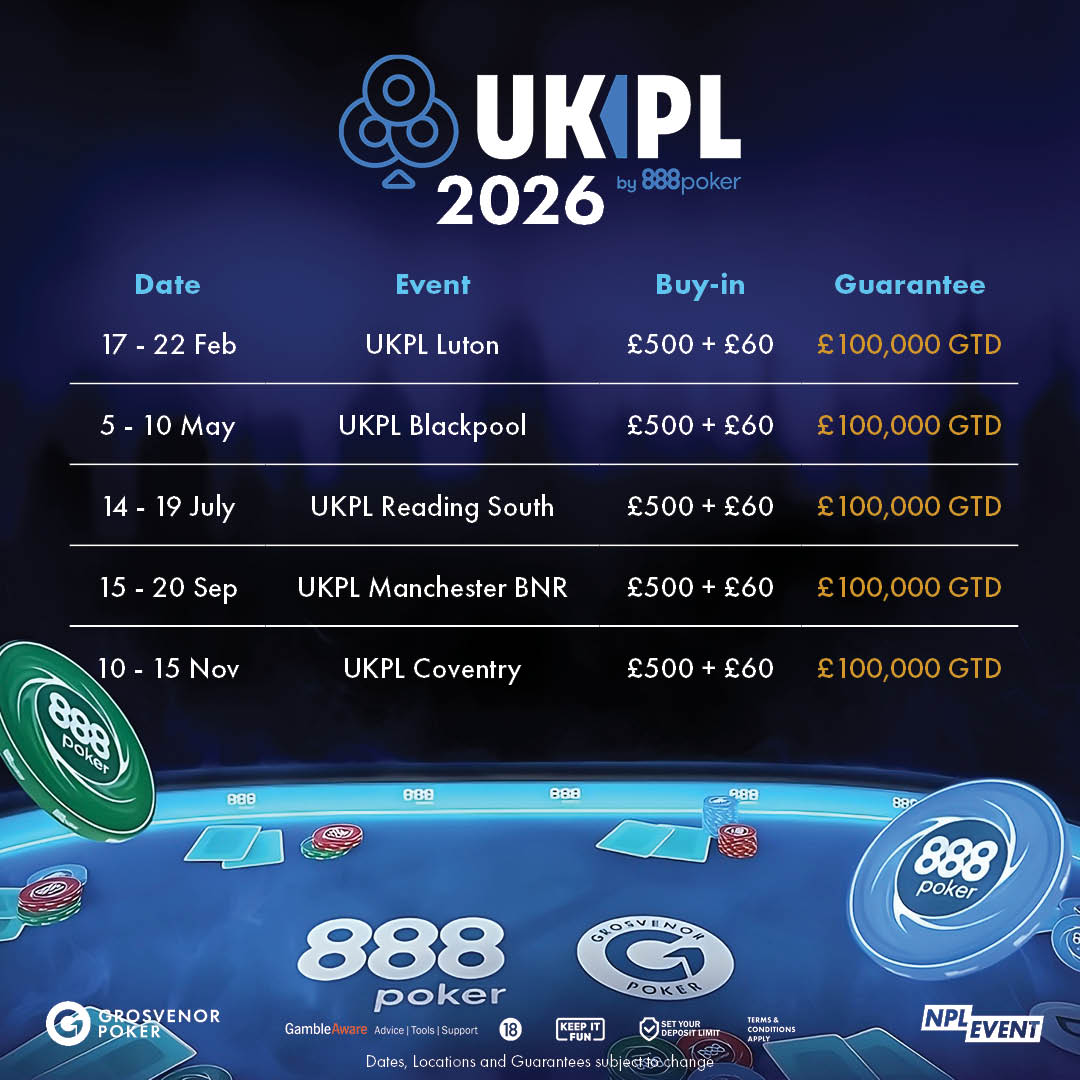 ♥️ ♣️ UKPL 2026 Schedule  ♠️ ♦️ 

The 888poker sponsored UKPL has 5 legs in 2026, with events in February, May, July, September and November. 

Each includes a mega £100,000 guaranteed UKPL Main Event for a £500+£60 buy-in.

grosvenorcasinos.com/poker/live-pok…

18+ | Gambleaware.org