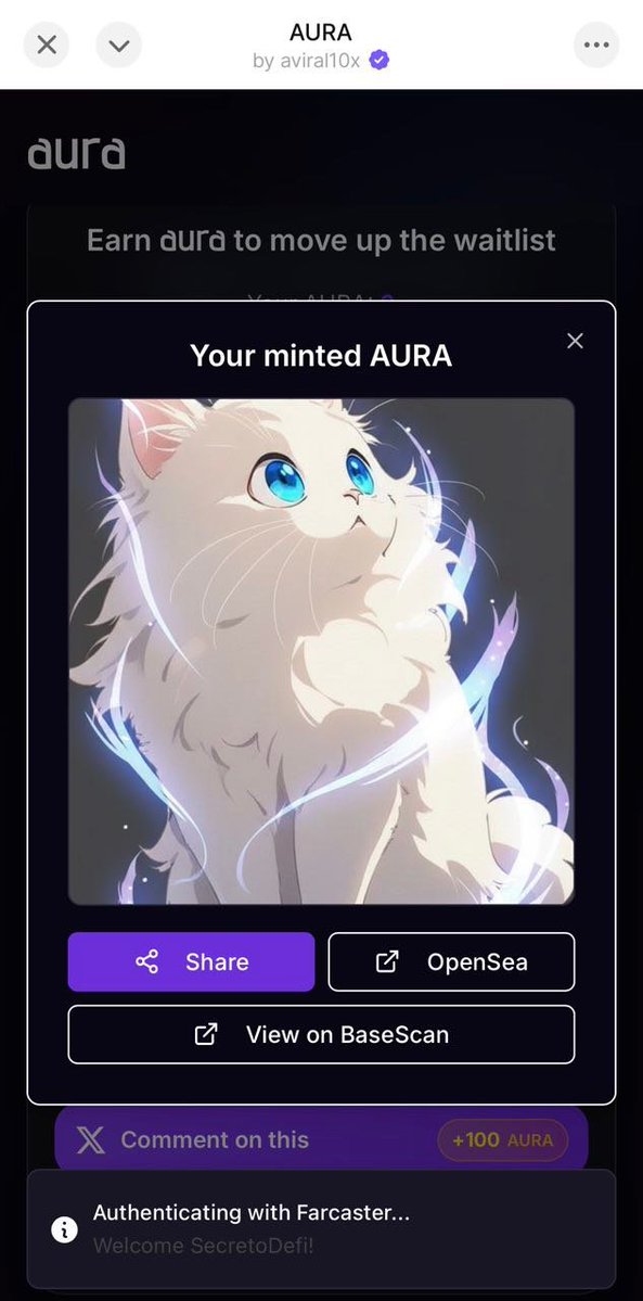 SecretoDefi's tweet image. ATENCIÓN 📢

Si ya tienes tu perfil en Farcaster que no se te pase mintear el NFT AURA ‼️

Simplemente debes entrar al link, pagar el fee (1$ aprox) y te tocará aleatoriamente un NFT de Aura:

🔗 farcaster.xyz/miniapps/ZLqfh…

No se han especificado utilidades pero tomatelo cómo una…