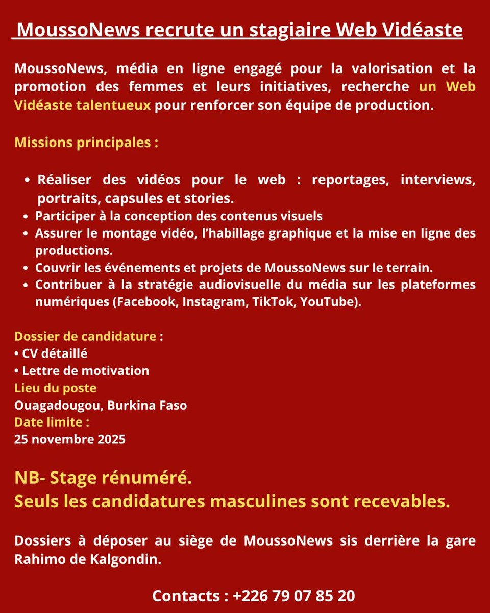 Opportunités offertes aux jeunes hommes. 
#MoussoNews #Burkina
