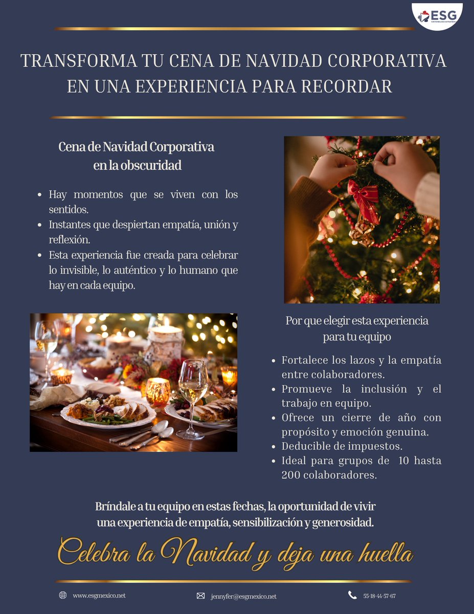 ESG_mex's tweet photo. Transforma tu #CenaCorporativa en una experiencia que despierta emociones y une corazones.
Esta #Navidad, los colaboradores vivirán una experiencia única con una cena que invita a conectar con los sentidos, a reflexionar y a recordar lo esencial de esta temporada. #ESG #ASG https://t.co/bsZquMUhus