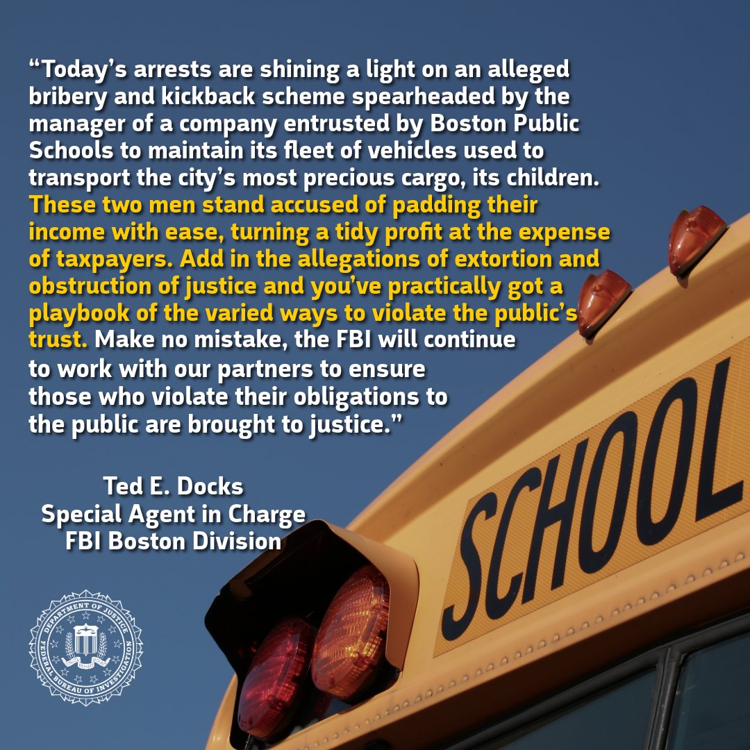 FBIBoston's tweet image. 🚨#BREAKING: The #FBI has arrested Michael Muller, the former Director of Fleet &amp;amp; Facilities for the company that&apos;s responsible for the safety of Boston Public School buses, for allegedly receiving more than $870,000 in bribes and kickbacks following our investigation with…