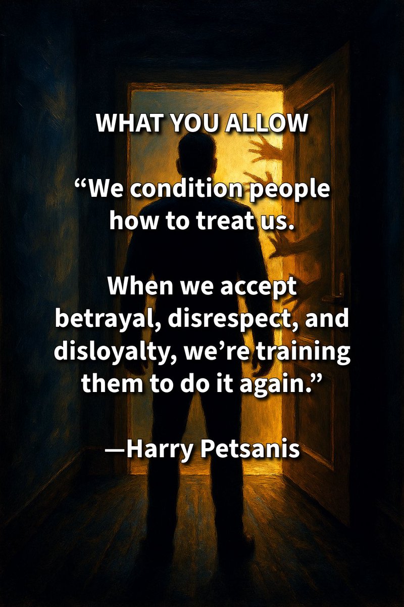 harrypetsanis's tweet image. WHAT YOU ALLOW

“We condition people how to treat us.

When we accept betrayal, disrespect, and disloyalty, we’re training them to do it again.”

—Harry Petsanis

#SelfRespect
#BoundarySetting
#EmotionalAccountability
#MindsetMastery

“What You Allow” by Harry Petsanis,…