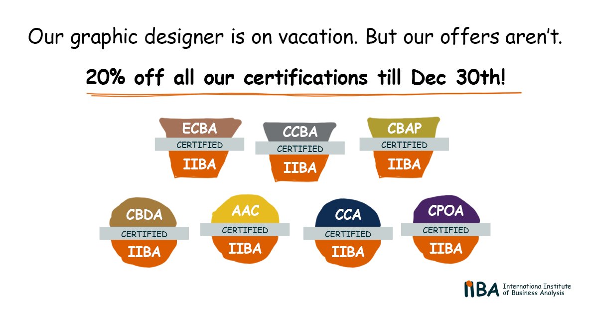 IIBA's tweet image. Our offers are working hard for you - 20% off all IIBA certifications! iiba.org/business-analy… 

#IIBACertified