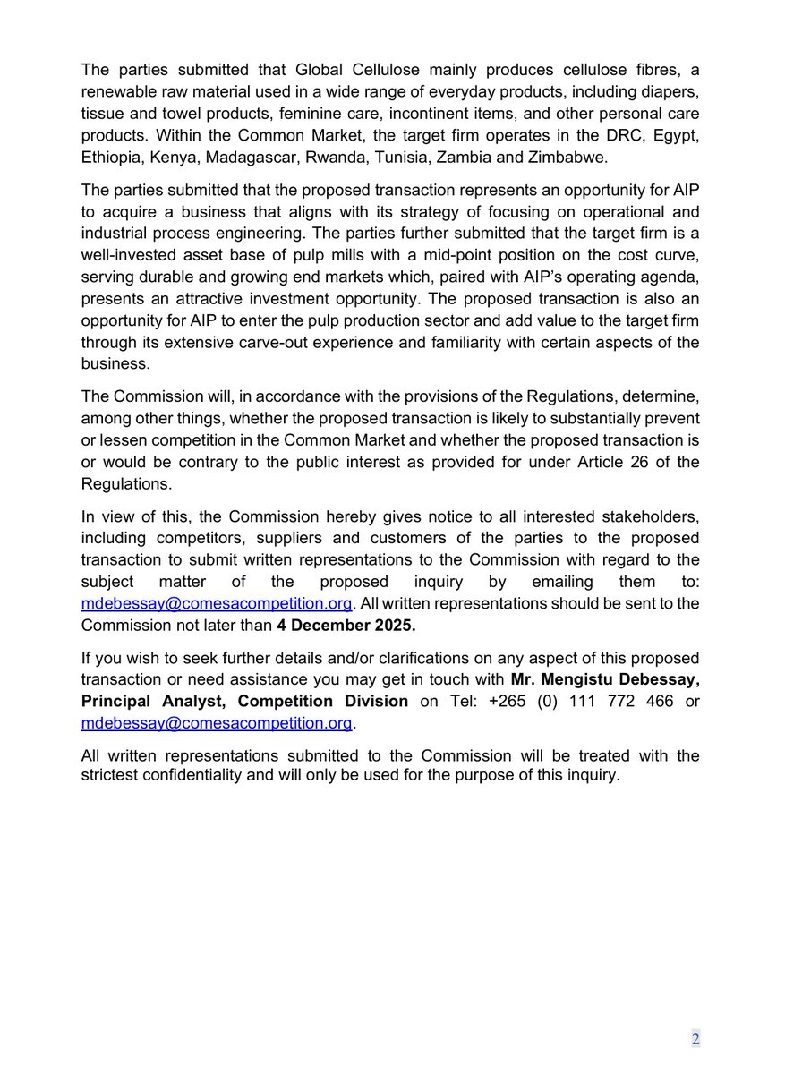 CCC_COMESA's tweet image. #callforsubmissions by #4December2025 #pulpproduction #fibrebasedpackaging #sustainablepackagingsolutions

#CCC has published a #NoticeofInquiry into the Proposed Acquisition of the Global Cellulose Fibers business of International Paper Company by AIPCF VIII Global Corp Holding…
