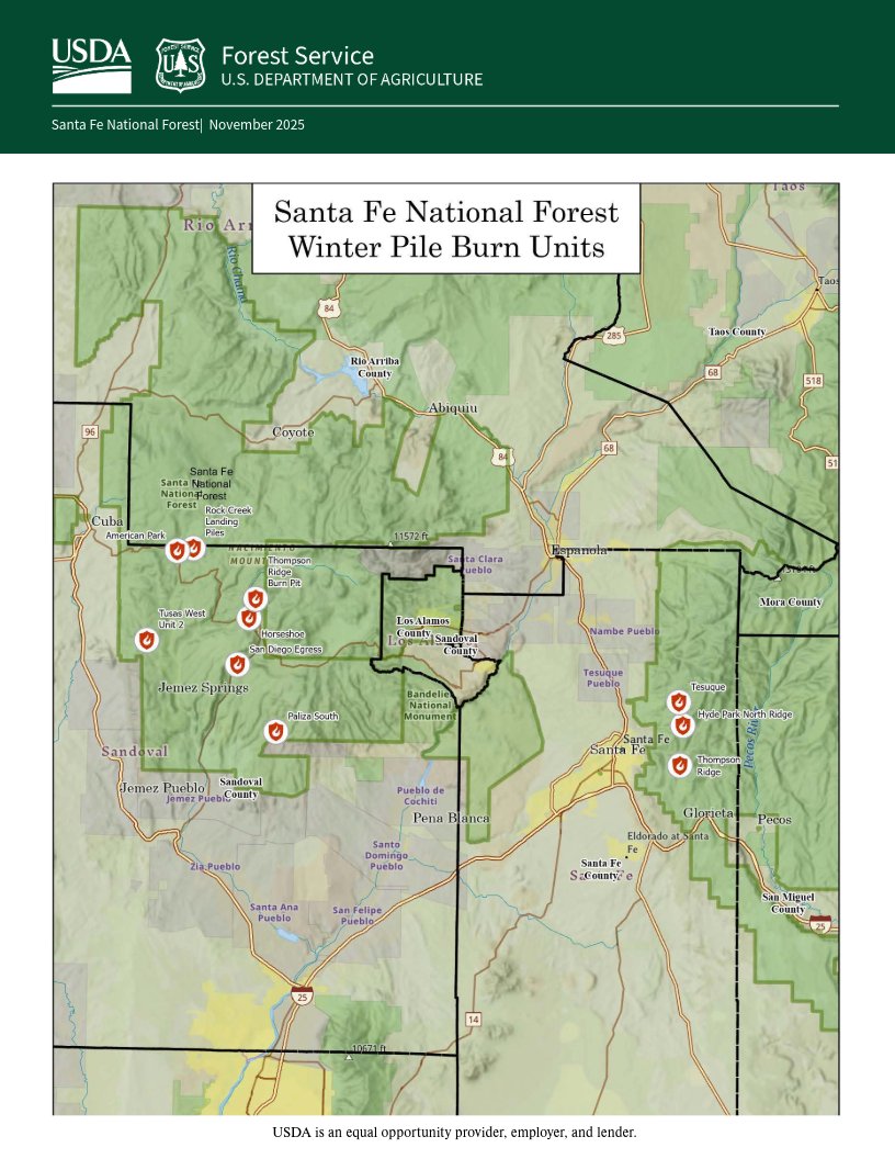 THE SANTA FE NATIONAL FOREST PREPARES FOR PILE BURNS
As winter weather approaches, USDA Forest Service fire managers are preparing to implement pile burns in the Jemez, Cuba, and Espanola Ranger Districts. We estimate this work to continue through the winter as weather conditions