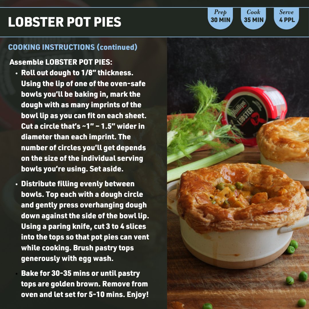 Lobster Pot Pies are filled with a creamy lobster sauce and vegetables, all encased in a flaky, buttery crust. These servings are perfect for a cozy family dinner or as a comforting, savory meal at dinner parties.