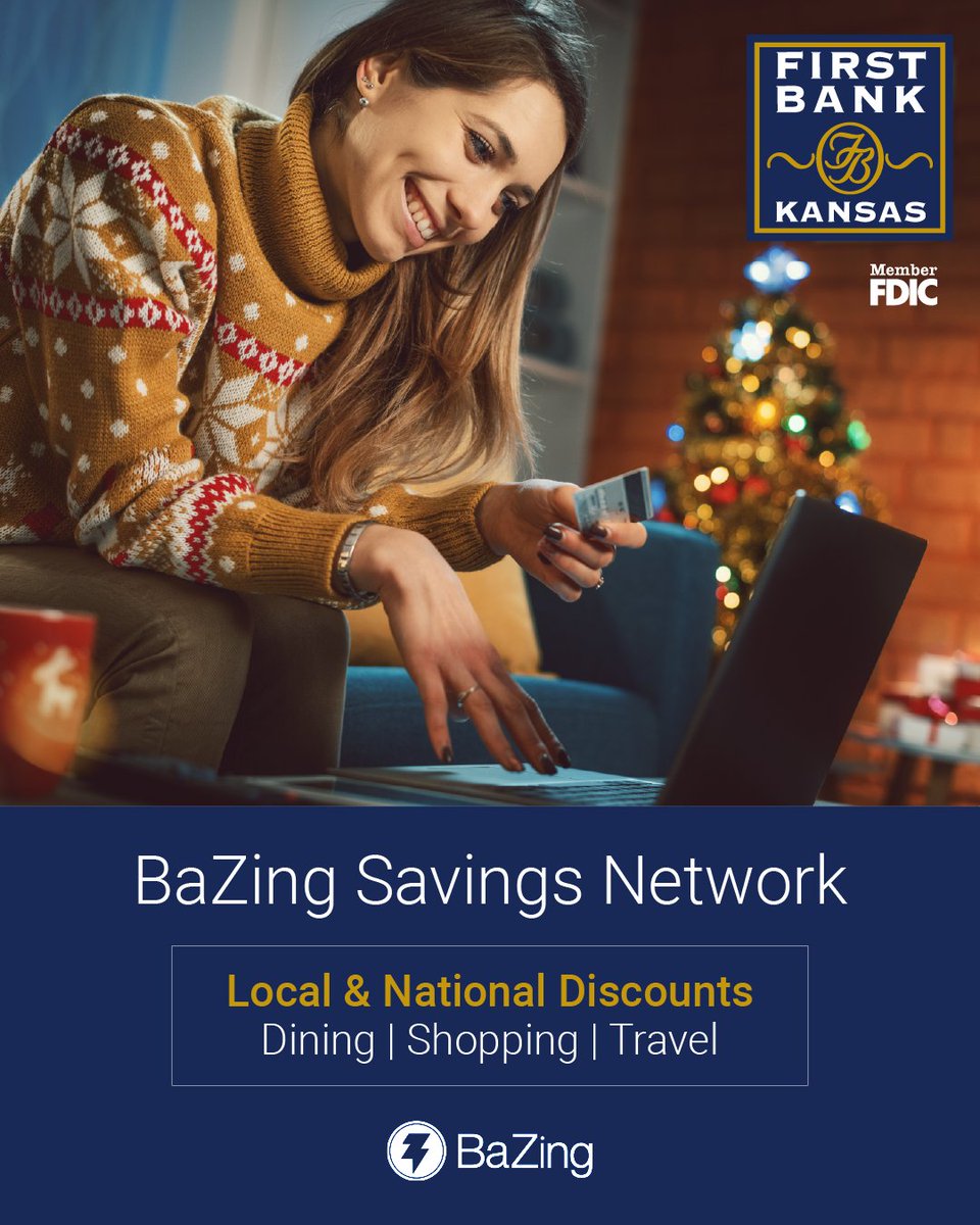 FirstBankKansas's tweet image. Stretch your holiday budget further. BaZing's Savings Network gives you access to discounts on dining, shopping, and travel, both locally and nationwide. Search deals at BaZing.com or use the app!

#BaZing #banklocal