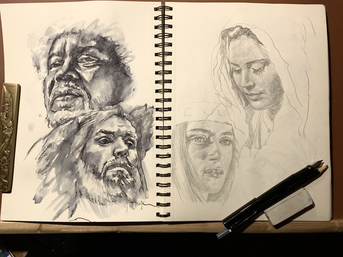 colin_alex35207's tweet image. Some faces sketched in graphite and ink, for your perusal on this fine morning.
