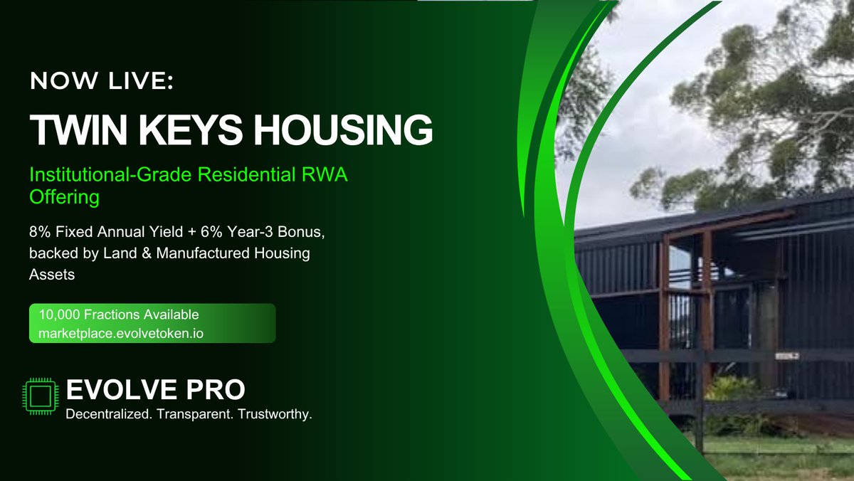 EvolveTKN's tweet image. Now Live on Evolve Pro: Twin Keys Housing
A premium, impact-driven Real World Asset (#RWA) offering built for investors who want both strong returns and real economic value.

Australia is facing one of its sharpest housing shortages in decades and affordable rentals are the most…