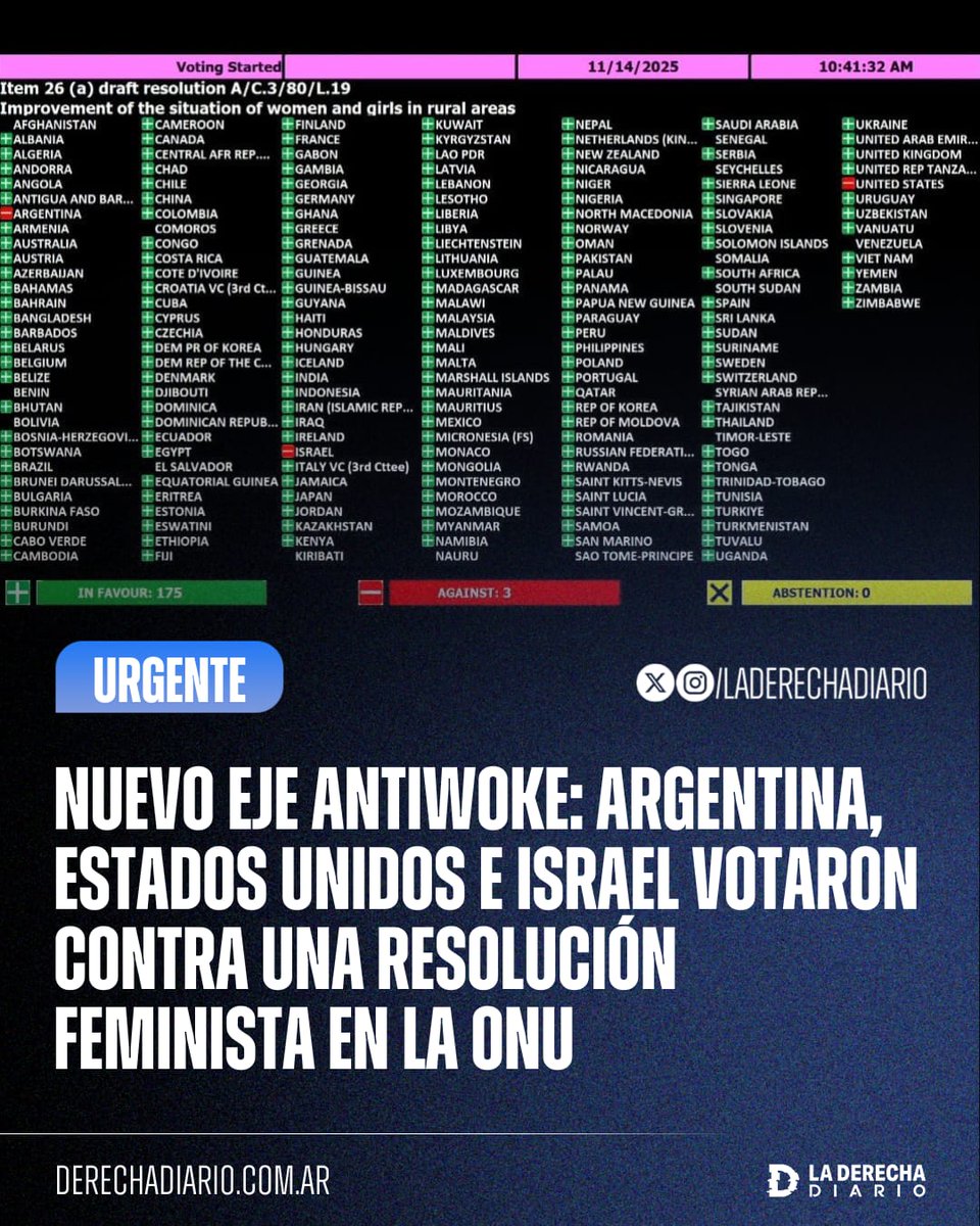 🚨🇺🇳🇦🇷🇺🇸🇮🇱 | Nuevo eje antiwoke en la ONU: Argentina, Estados Unidos e Israel votaron contra una resolución feminista que bajo un lindo nombre ocultaba medidas ultraprogresistas contra los hombres y privilegios a las mujeres.