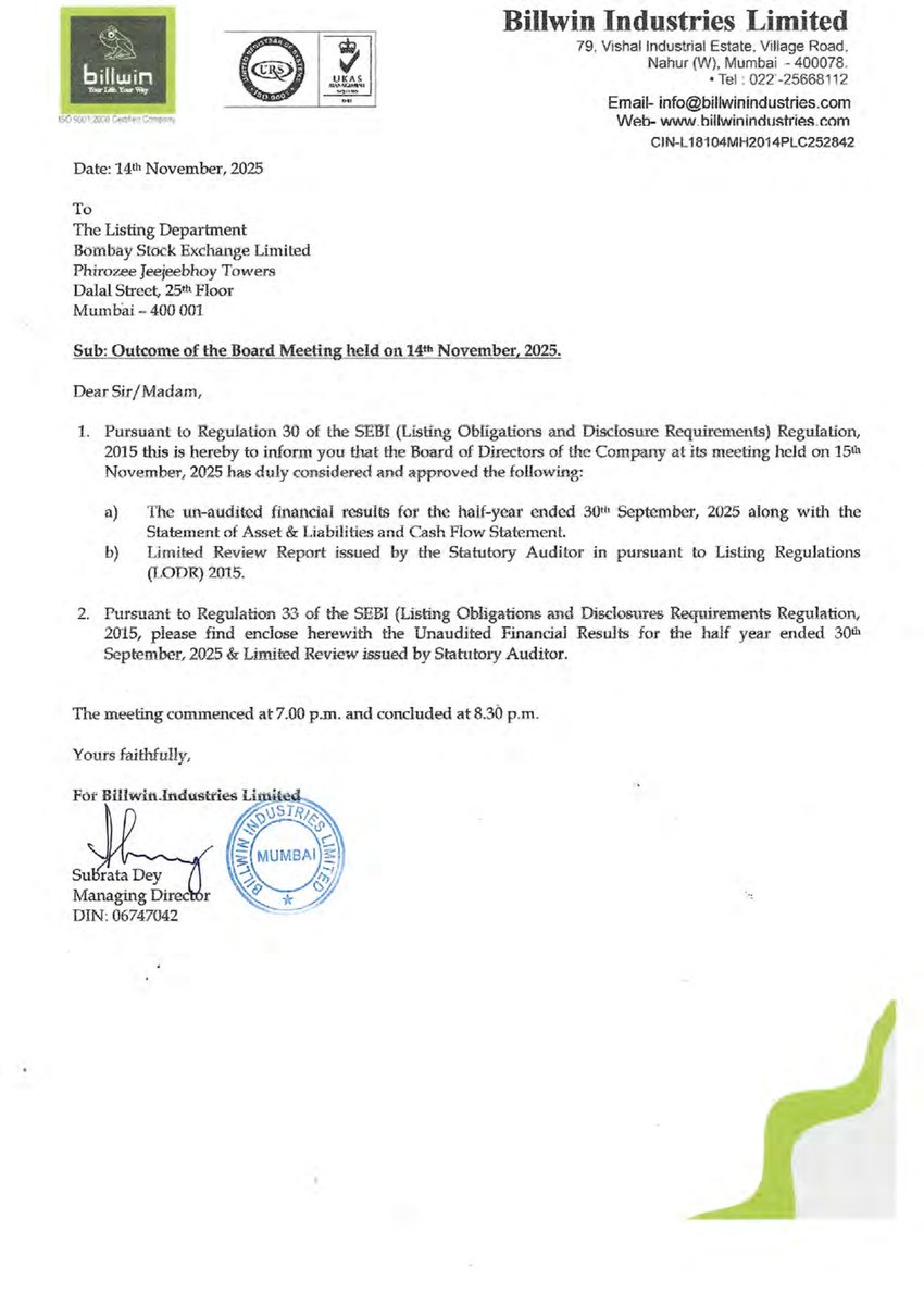 nileshkurhade's tweet photo. π Billwin Industries Ltd informed the exchange about its approval for the financial results for the period ended September 30, 2025. #SME #BILLWIN ππ§Ύ https://t.co/vaJS40lh5u