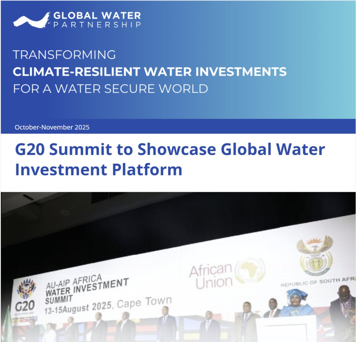 📢Hot off the press: NewsFlow Oct/Nov edition 

💧G20 Summit to Showcase Global Water Investment Platform
💧Namibia’s President appointed-GWP Global Champion for Gender Equality

&amp; stories on the work &amp; impact by GWP Regions👉𝗵𝘁𝘁𝗽𝘀://𝗺𝗮𝗶𝗹𝗰𝗵𝗶.𝗺𝗽/𝗴𝘄𝗽/𝗼𝗰𝘁𝗼𝗯𝗲𝗿