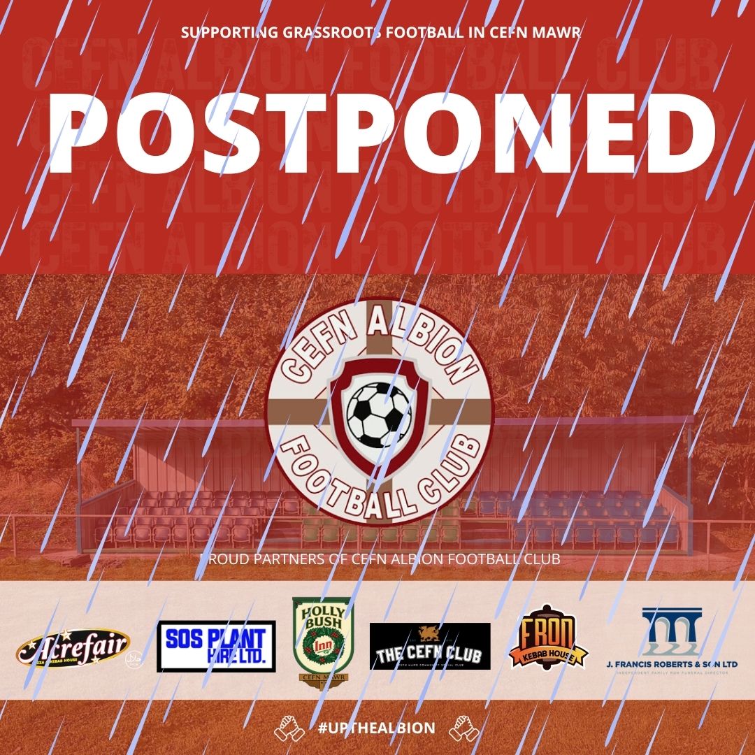 POSTPONED 🌧️ 

Cefn Albion P-P Lex XI

Following a pitch inspection at the MUGA, tomorrows @ArdalNorthen League Cup fixture against Lex XI has been postponed due to a waterlogged pitch. 

We will keep you posted re: the reserves fixture away at Greenfield. Apologies for any