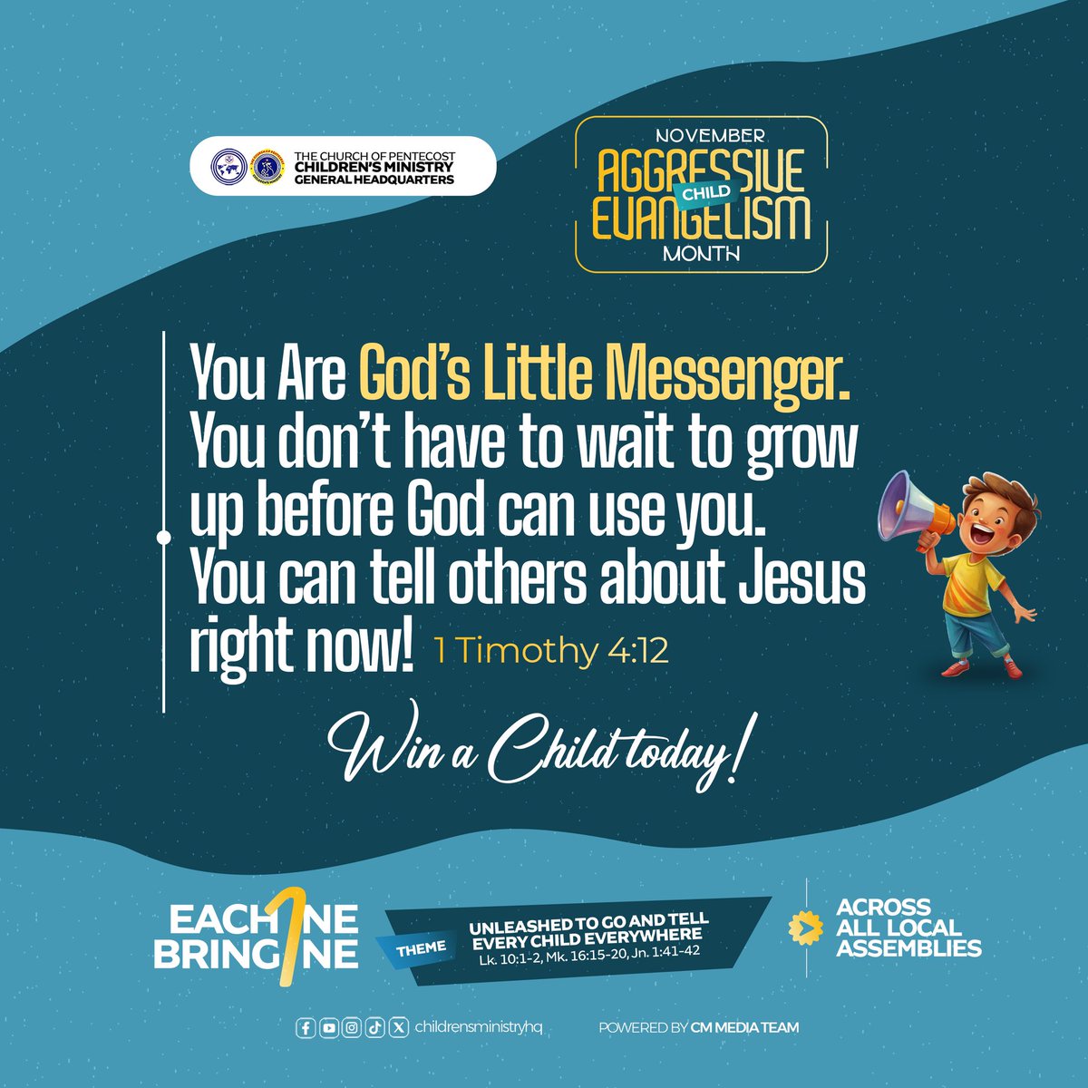 TheCOPCMHQ's tweet photo. Child, you are Godโs #Little but #Mighty #Messenger. ๐ฃ๏ธ๐ฃ๏ธ๐ฃ
#ChildrenOutreach #WinweanUnleash https://t.co/TaMBJz9igK
