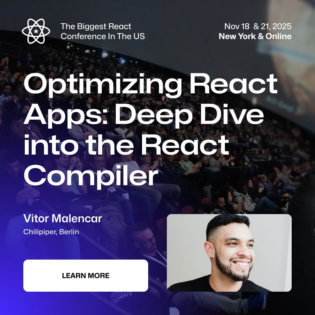 ReactSummit's tweet image. React Compiler isn’t just theory - it’s performance power⚡️

Join @VitorMalencar for a deep dive into how it works, how to use it, and how it transforms React 18 apps.

See you🔥at reactsummit.us