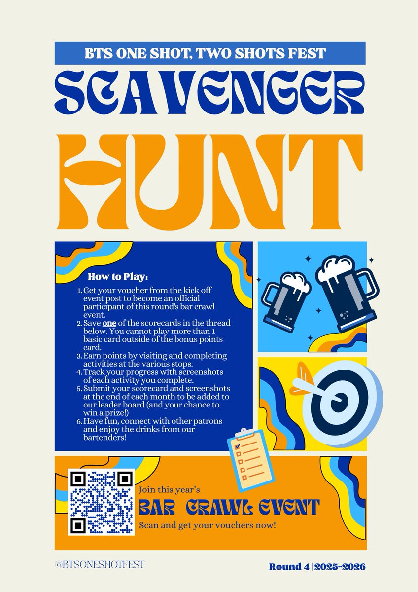 BTSOneShotFest's tweet photo. Are you ready for the Scavenger Hunt?🍺

The round 4 bar crawl experience starts now! All bartenders and patrons are welcome to play with a chance to win a prize at the end.

For more on how to participate, check out the poster below. https://t.co/NleQfIY4tZ