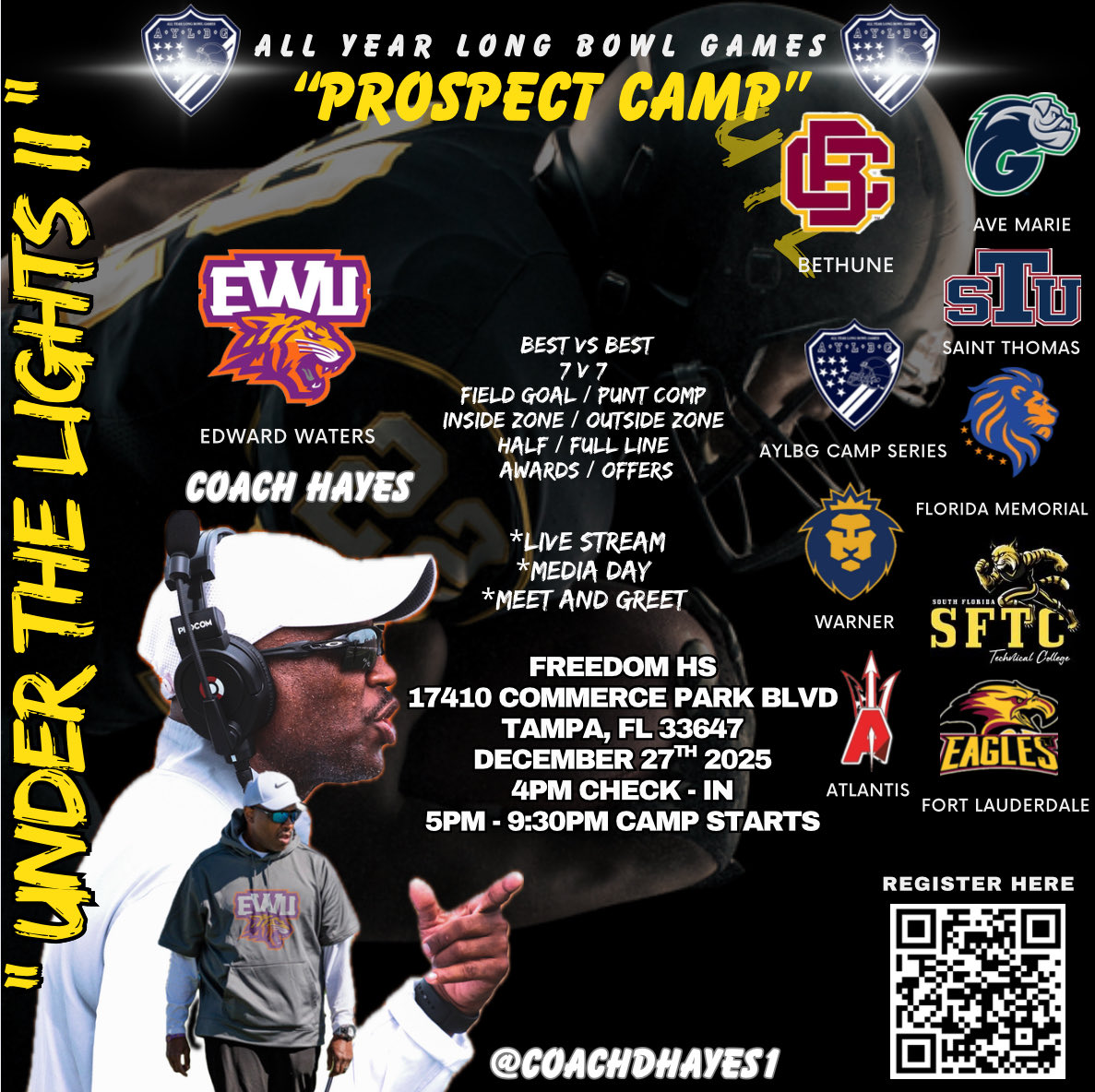 Welcome back Edward Waters <a href="/CoachDHayes1/">Coach D. Hayes</a> to the “Under The Lights” prospect camp. <a href="/RecruitGeorgia/">Recruit Georgia</a> <a href="/GwinnettRecruit/">Gwinnett Football Recruiting</a> <a href="/raefsu23/">321 Recruits</a> <a href="/LawrenceBl83397/">New Blustein Recruiting</a> <a href="/DuvalSports/">Duval Sports</a>