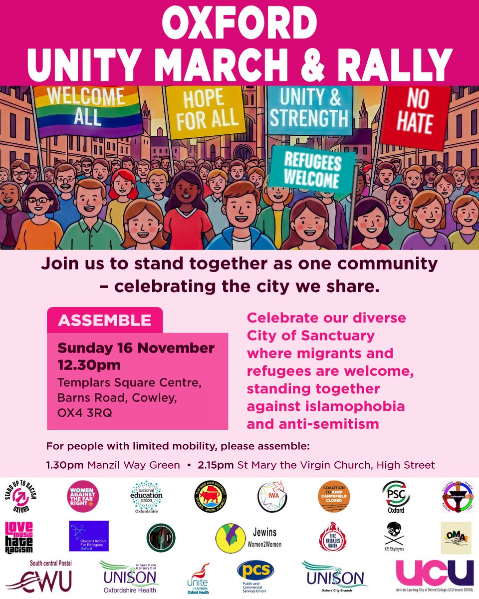Join the Oxford Unity march against racism.  Let's celebrate our diverse communities and reject all attempts at racist divide and rule. #RefugeesWelcome