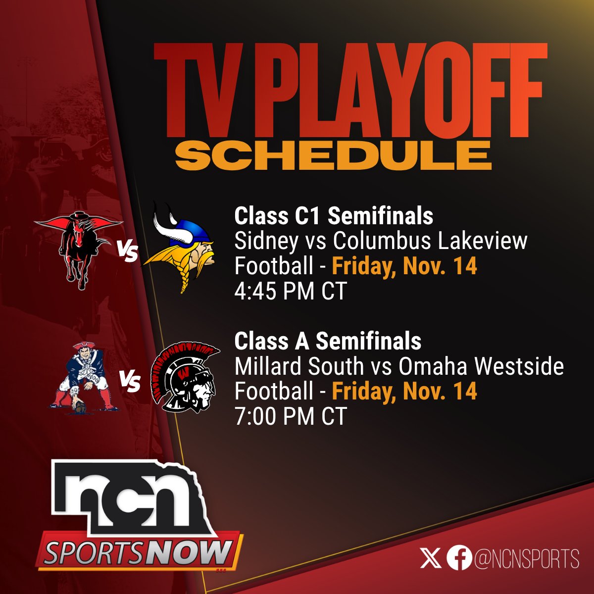 NCNSports's tweet image. 📺🏈: SEMI-FINAL FRIDAY IS HERE!!🙌🙌
 
@NewsChannelNE is televising a doubleheader starting at 4:45 PM CT! 🍿👀

4:45 PM CT: 🐴 Sidney vs Lakeview 🔵
7 PM CT: 🇺🇸 Millard South vs Omaha Westside ⚔️

HOW TO WATCH NCN: tinyurl.com/smc3wkd8…