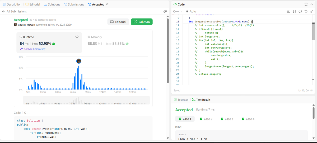 gauravmawari18's tweet image. 🌟 Day 227/∞ 🚀
Solved Longest Consecutive Sequence 🔗
💡 Used a HashSet to check starts of sequences and expand them efficiently.
Time Complexity: O(n) | Space: O(n) ⚡

#LeetCode #DSA #Hashing #CodeEveryday #KeepCoding