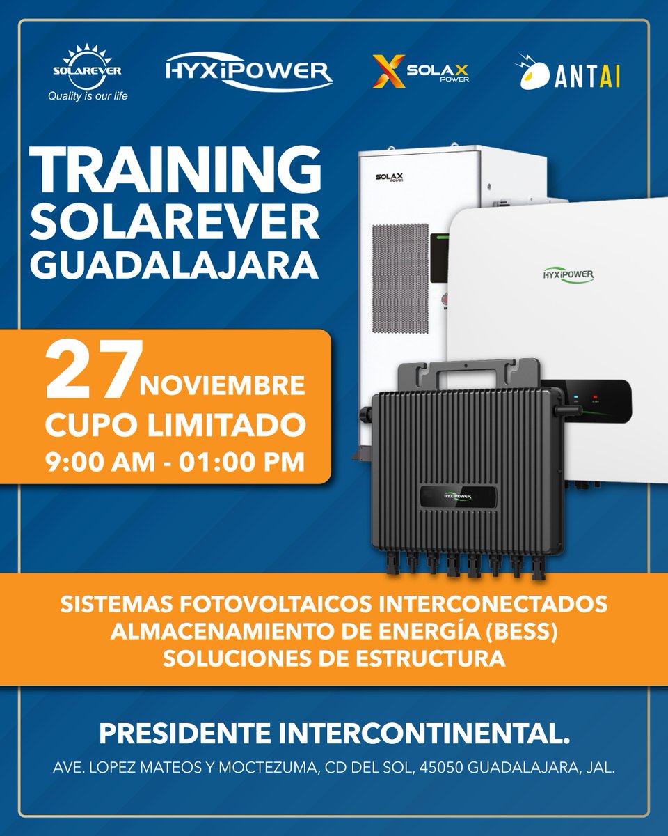 ¡Guadalajara, vamos con todo!

🗓 27 de noviembre

🔸 Sistemas Fotovoltaicos Interconectados
🔸 Sistemas de Almacenamiento de Energía
🔸 Soluciones de Estructura para Instalaciones Solares

⚠️ Cupo limitado.

Asegura tu lugar aquí 👉 bit.ly/4o2bxNj