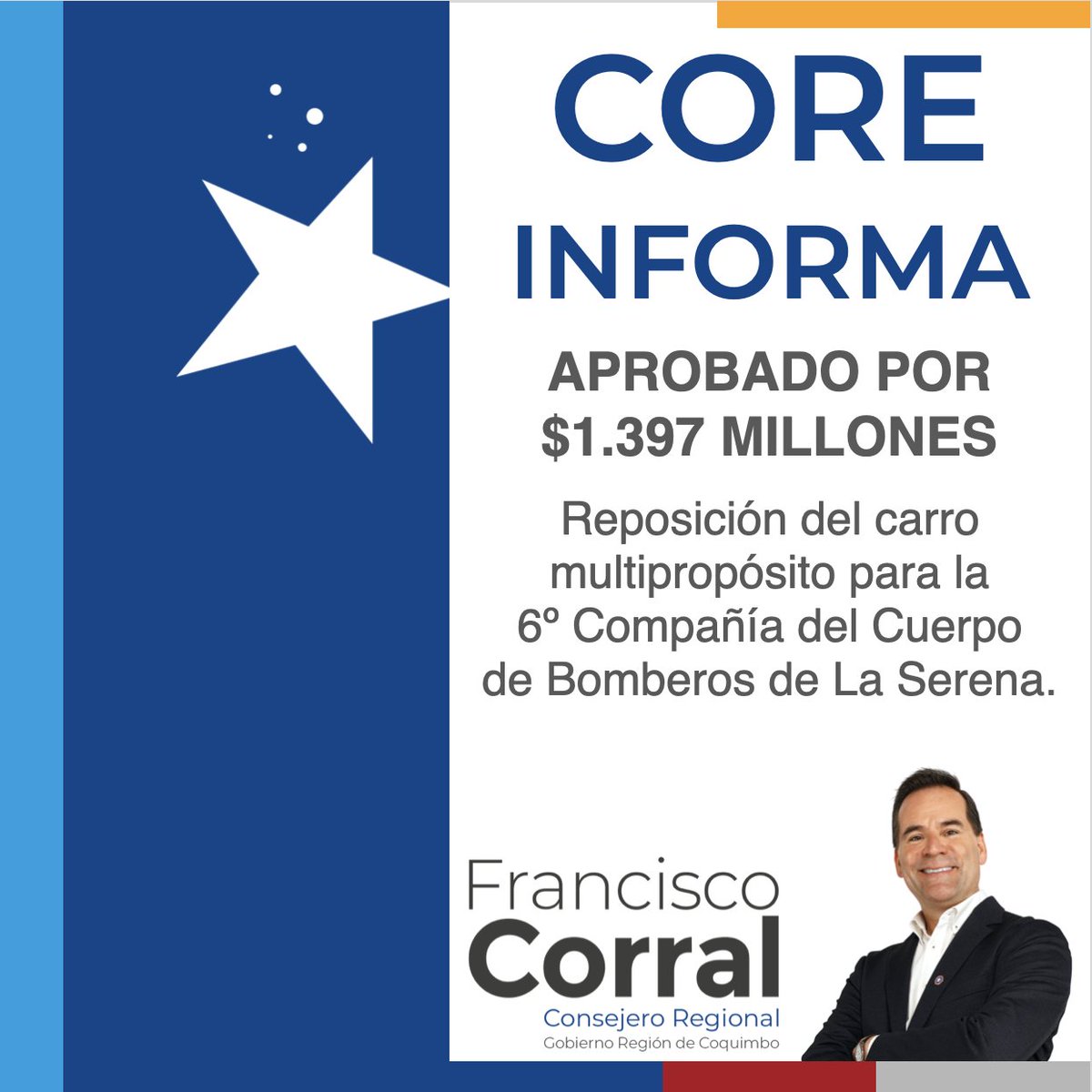 #COREINFORMA

El Consejo Regional de Coquimbo aprobó una inversión de $1.397 millones para la reposición del carro multipropósito para la 6ª Compañía de Bomberos de La Serena.

Continuaremos trabajando para mejorar el equipamiento, facilitar mejores respuestas ante las