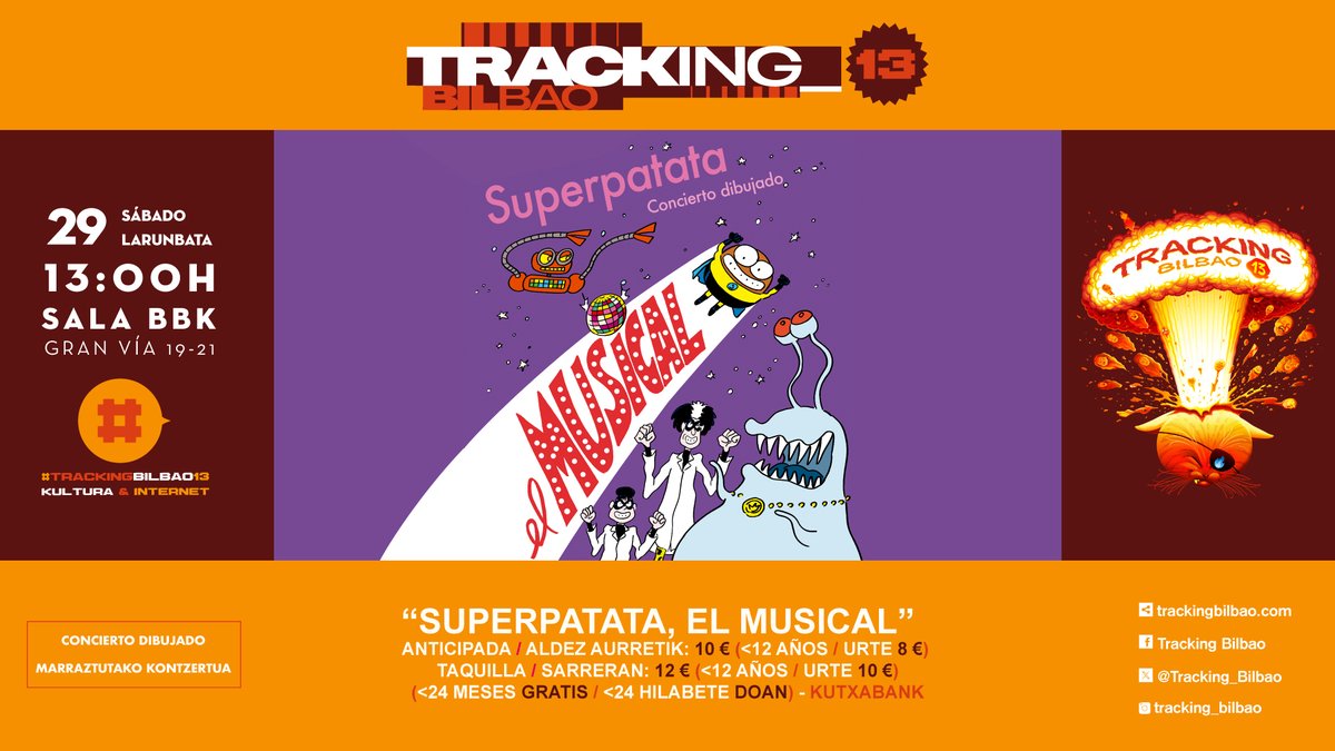 Tracking_Bilbao's tweet image. El sábado 29 de noviembre os traemos el estreno mundial de &quot;Superpatata, el Musical&quot; en #TrackingBilbao13!

Sábado 29 noviembre 13:00 en @salaBBK: &quot;Superpatata, el Musical&quot;, Música y Dibujo en Directo (Artur Laperla) para toda la Familia.

Basado en los famosos y superheroicos…