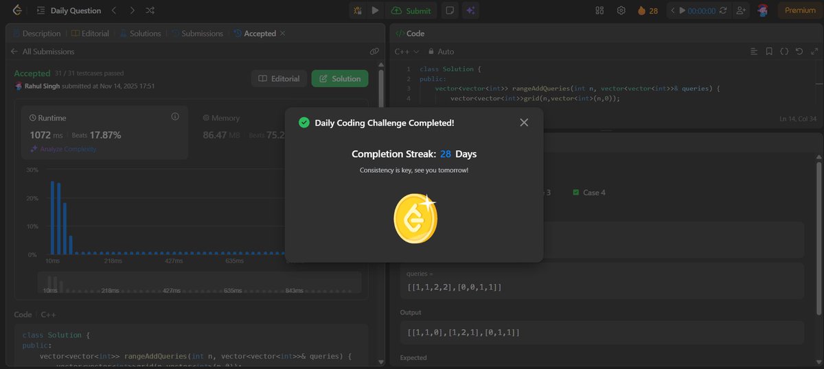 RahulSingh30070's tweet image. 📌 Day 57 Progress
🧭 Graphs: Studied shortest-path concepts, solved BFS-based shortest path (unweighted).
🧩 Backtracking: Solved LC 22, 39, 40, 78
💡 POTD: 2536 ✅
🚀 Step 7 Lec 2 continued #TUFWinterArc @takeUforward_ 
 #LeetCode #100DaysOfCodingChallenge #DSA #CodingJourney